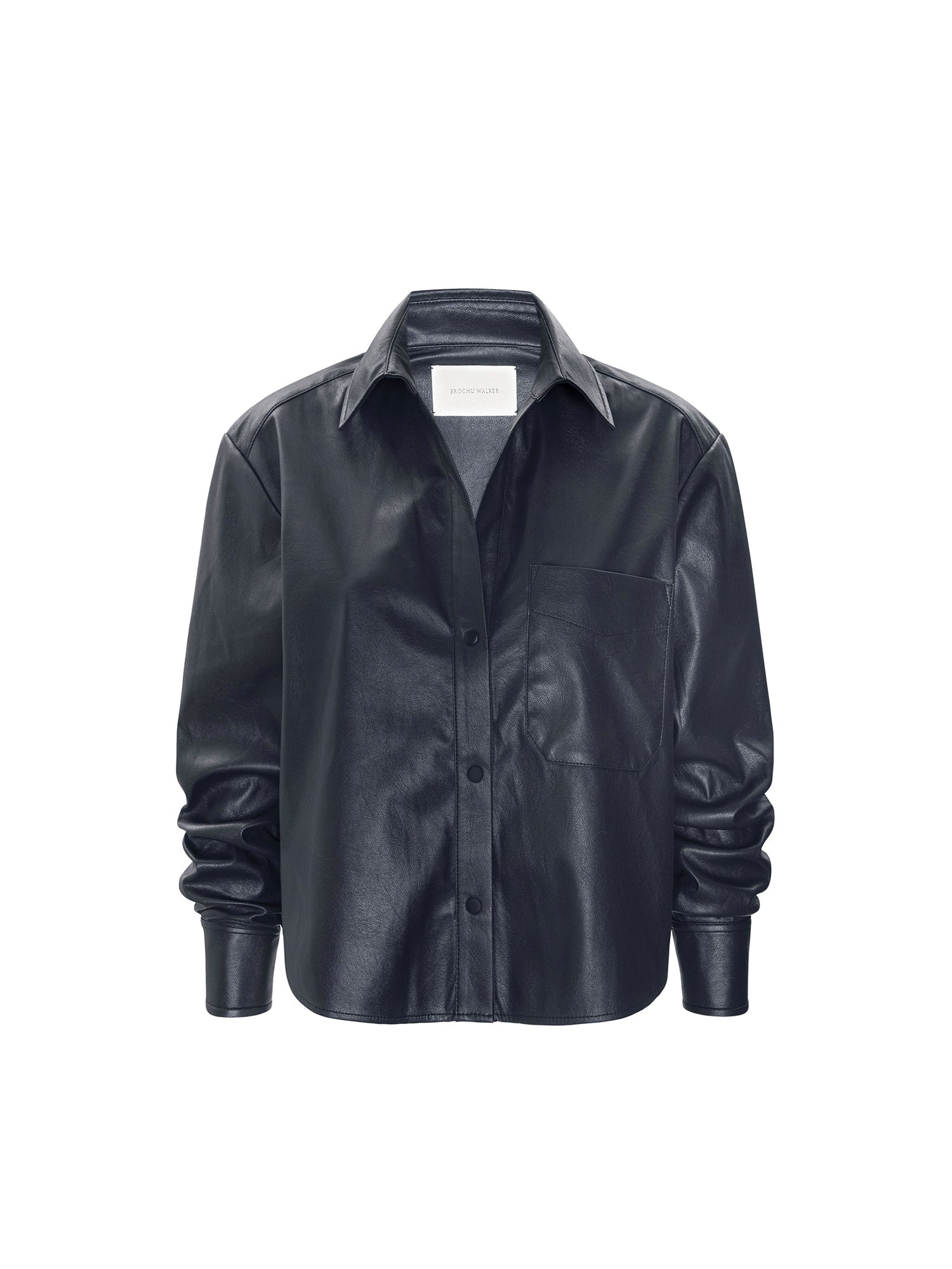 Everyday cropped vegan leather shirt in Admiral, a button-up jacket with a chest pocket shown flat on a white background.