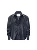 Everyday cropped vegan leather shirt in Admiral, a button-up jacket with a chest pocket shown flat on a white background.