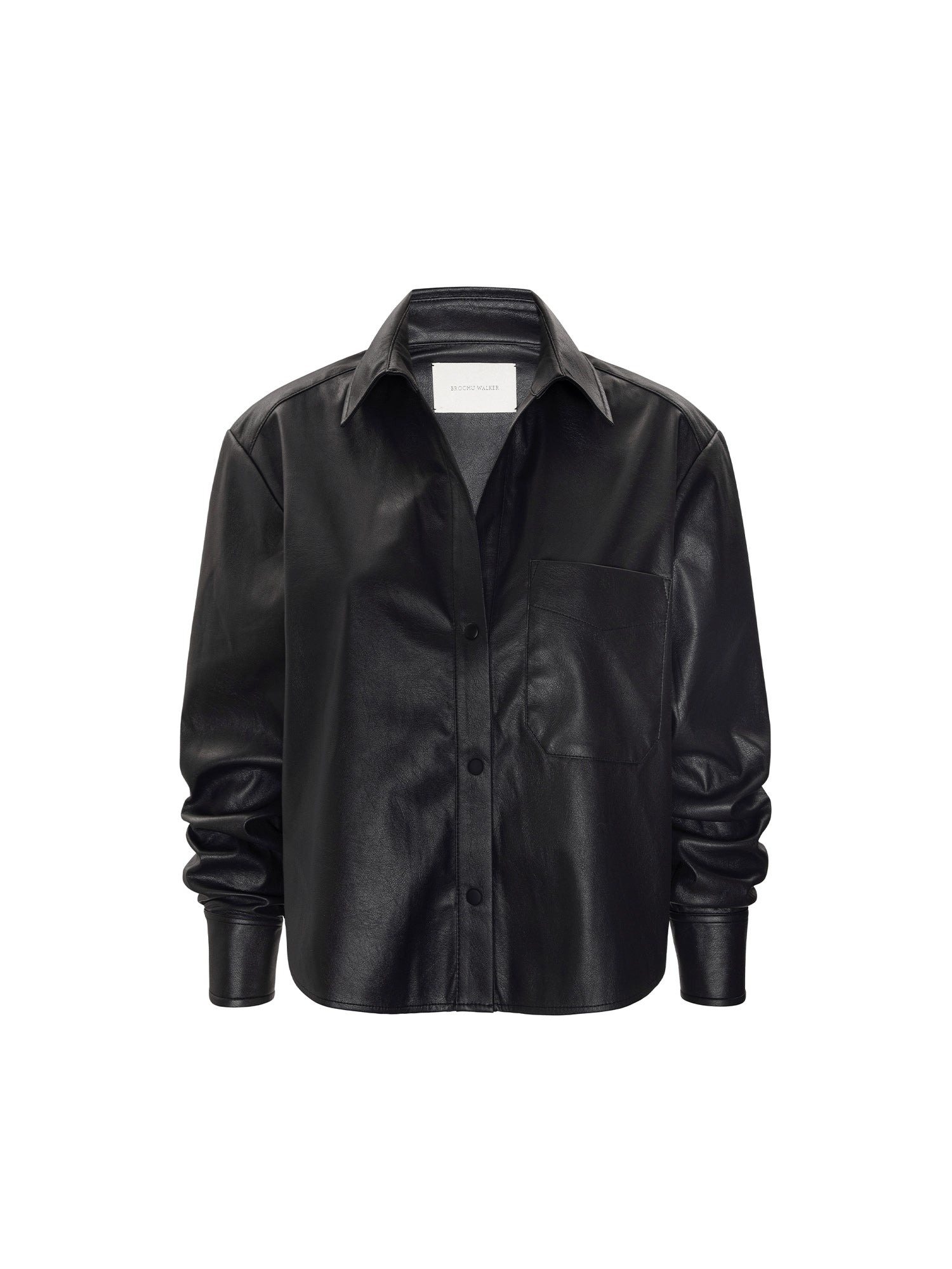 Everyday cropped vegan leather shirt in black onyx, a button-up jacket with a chest pocket shown flat on a white background.