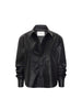 Everyday cropped vegan leather shirt in black onyx, a button-up jacket with a chest pocket shown flat on a white background.