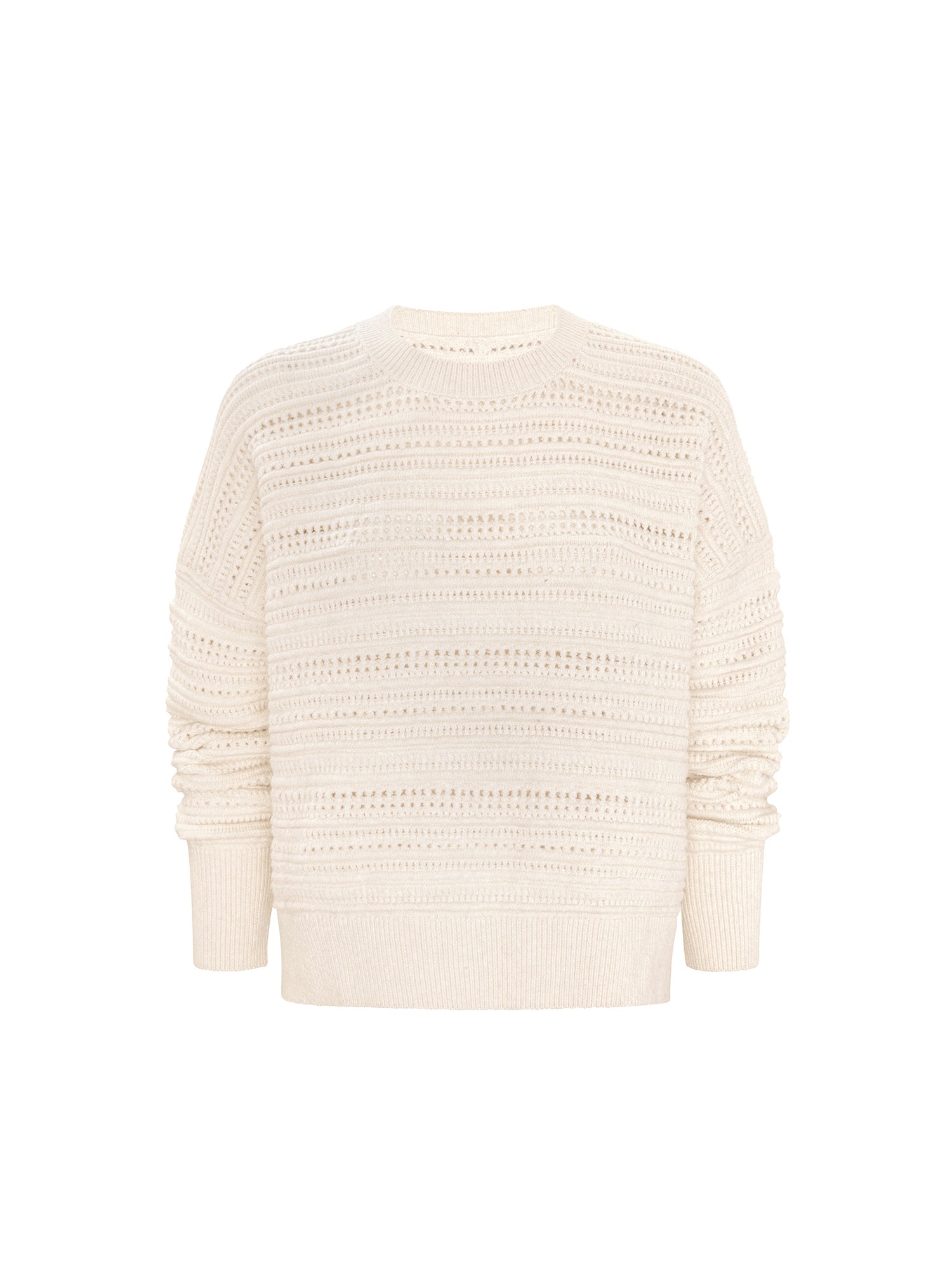 Everyday knitted crew sweater in oatmeal melange, an openwork knit crewneck shown flat on a white background.
