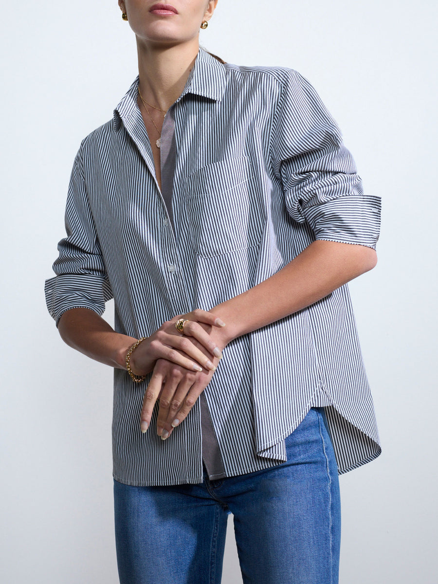 Everyday button up grey stripe shirt front view