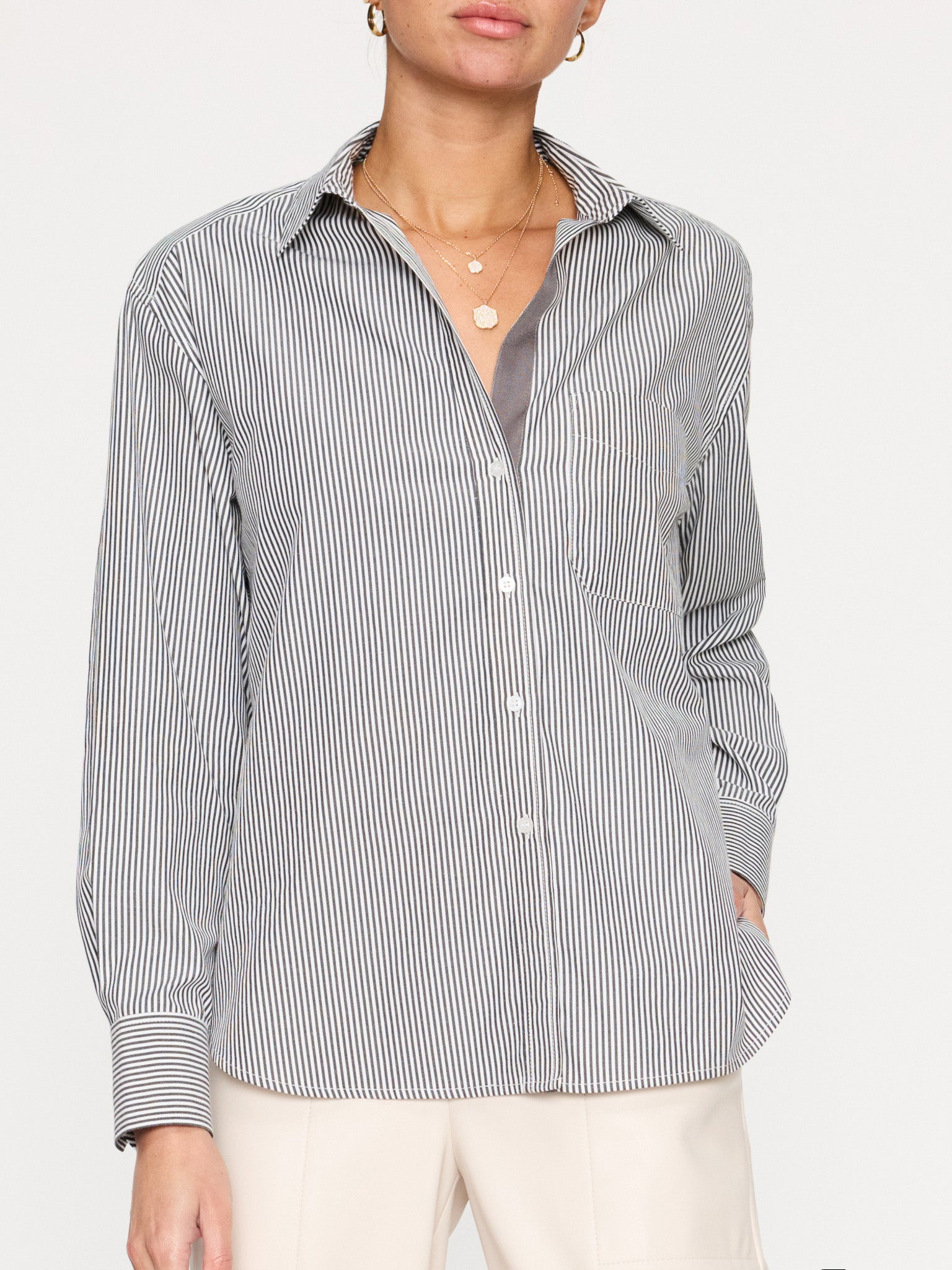 Everyday button up grey stripe shirt front view 3
