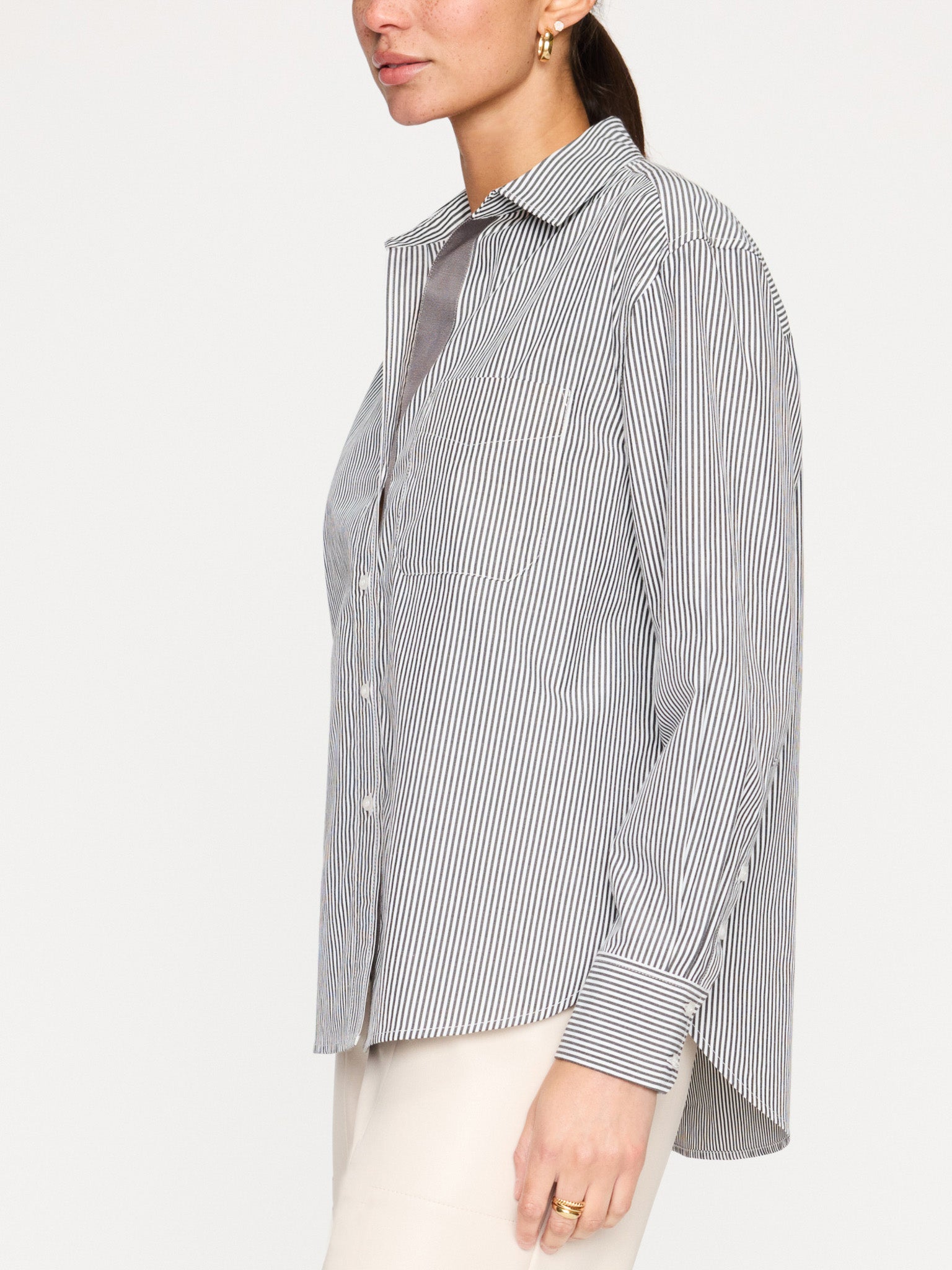 Everyday button up grey stripe shirt side view