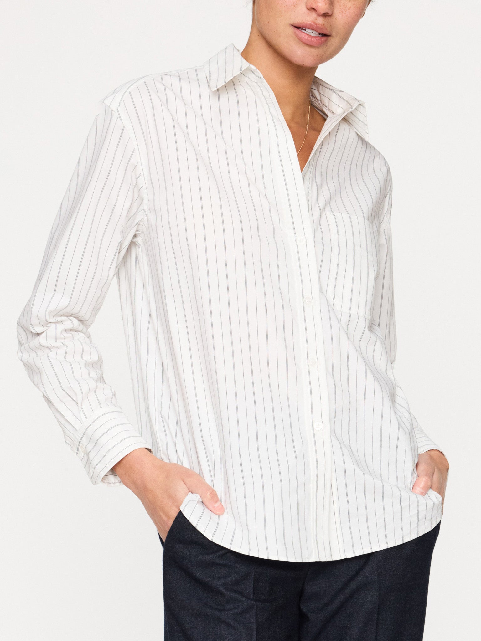 Everyday button up white stripe shirt front view