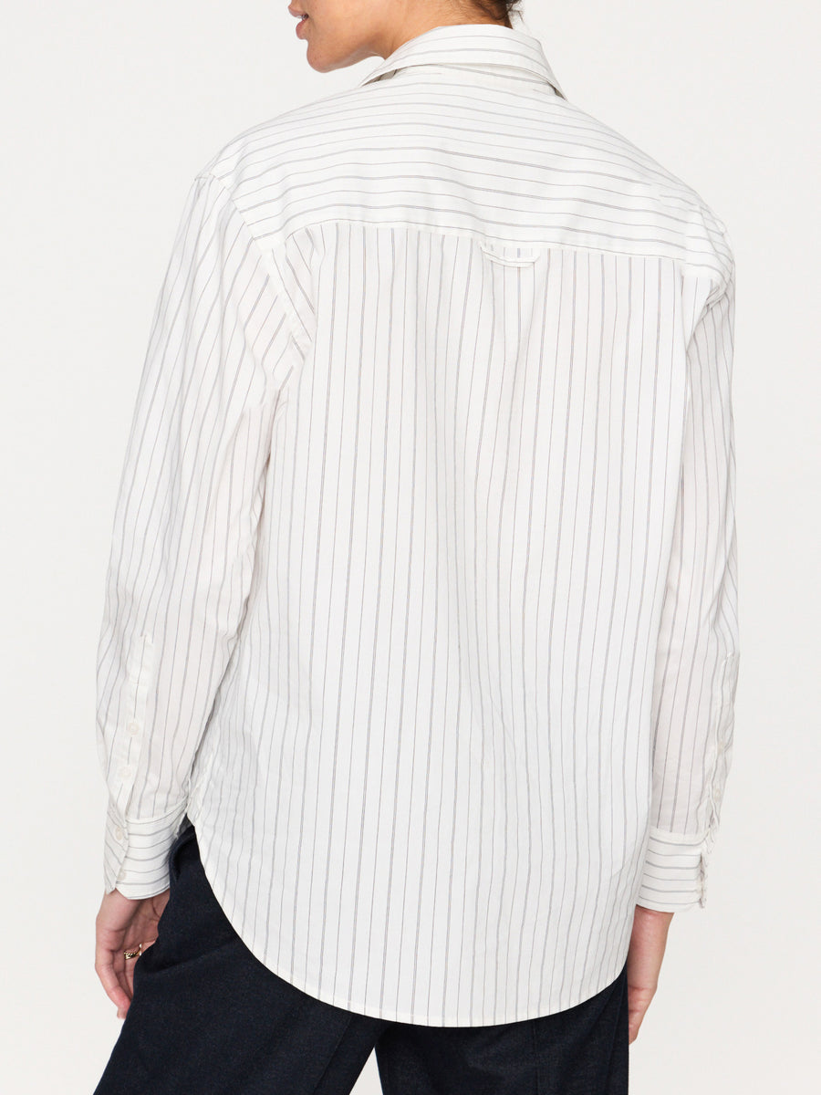 Everyday button up white stripe shirt back view