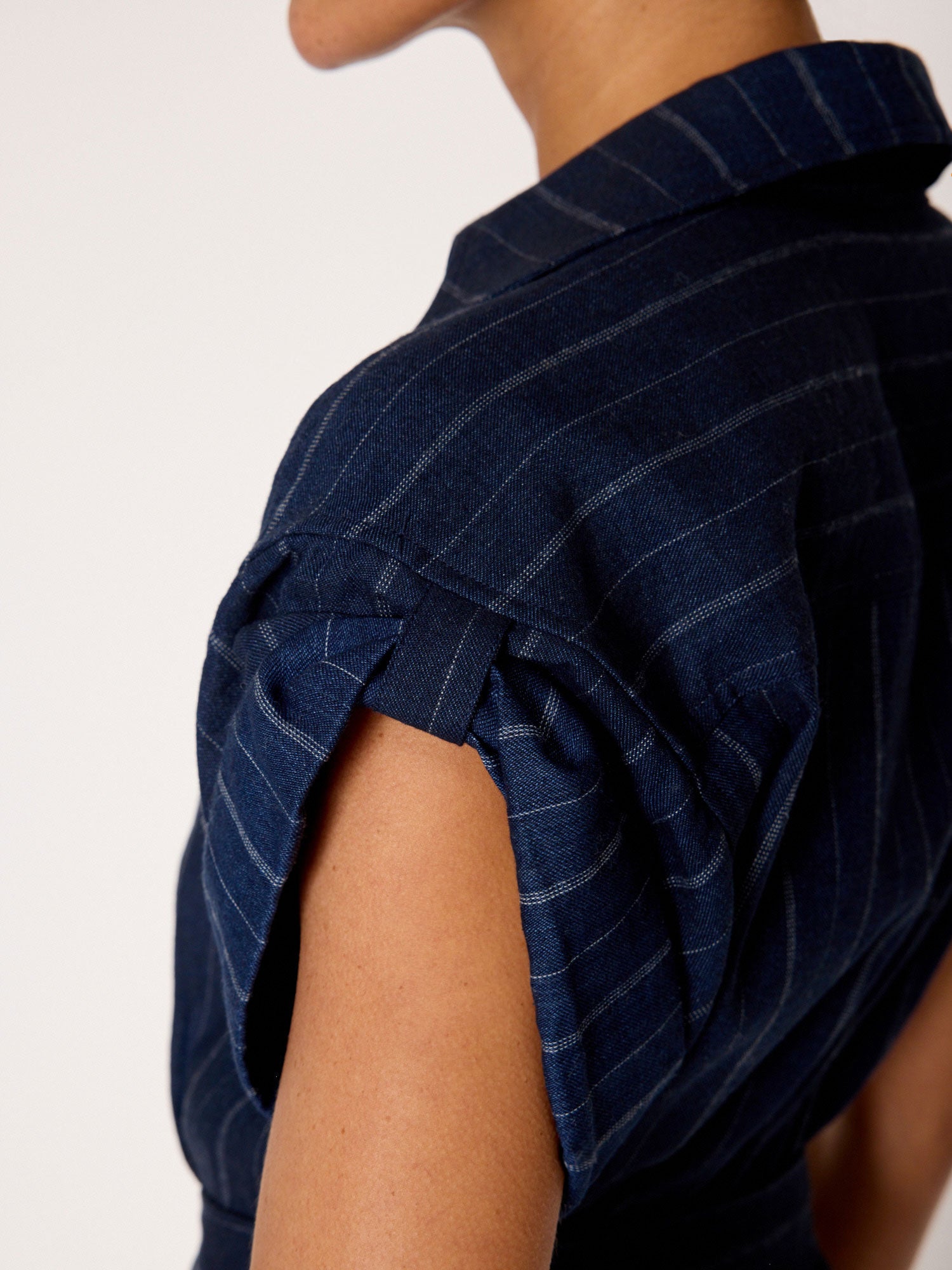 Women's Fia Belted Stripe Dress in Navy Pinstripe | Brochu Women's Fia Belted Stripe Dress in Navy Pinstripe | Brochu