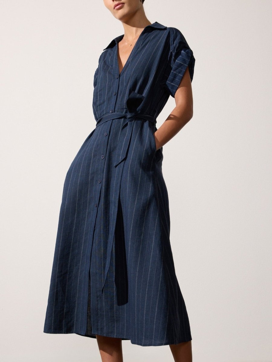 Fia belted navy pinstripe midi dress full view
