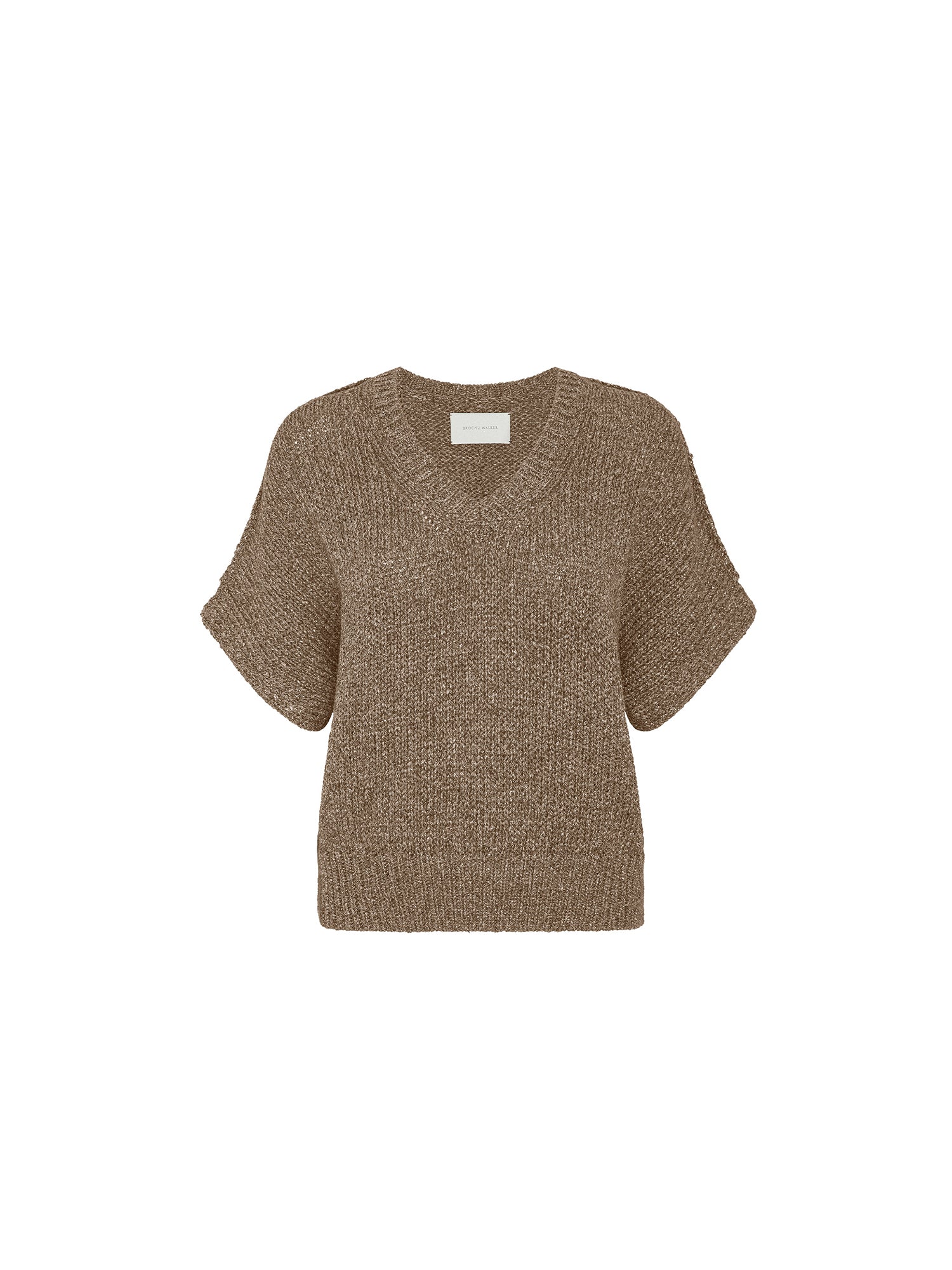 Bronze Gaia Metallic Tee, a boxy V-neck short sleeve designer sweater with shimmering knit, on a white background.