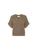 Bronze Gaia Metallic Tee, a boxy V-neck short sleeve designer sweater with shimmering knit, on a white background.