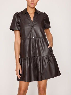 Havana tiered mini dress brown vegan leather front view 3