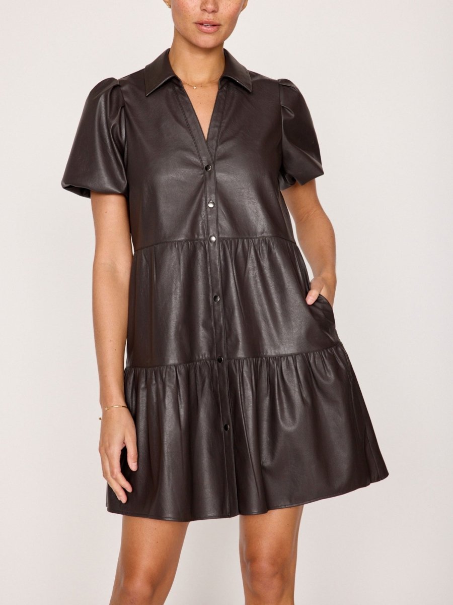 Havana tiered mini dress brown vegan leather front view 3