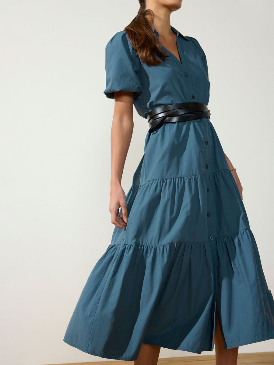 Havana tiered midi dress blue gray front view 2