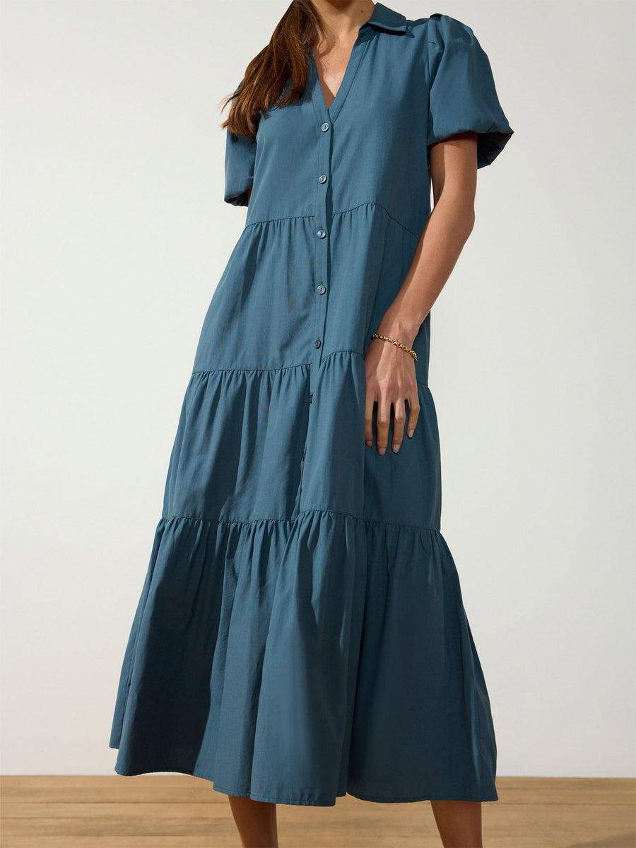 Havana tiered midi dress blue gray front view 3