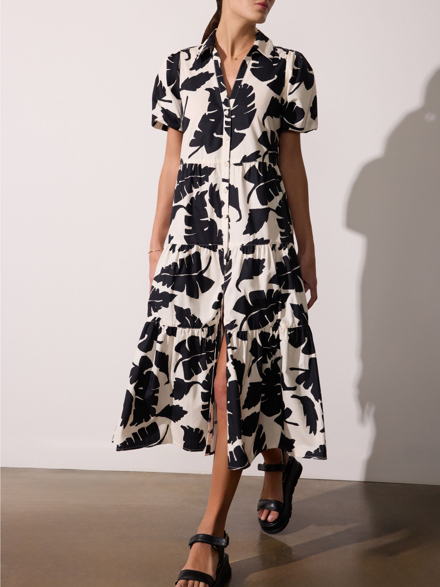 Havana tiered midi black and white printed dress  front view 2