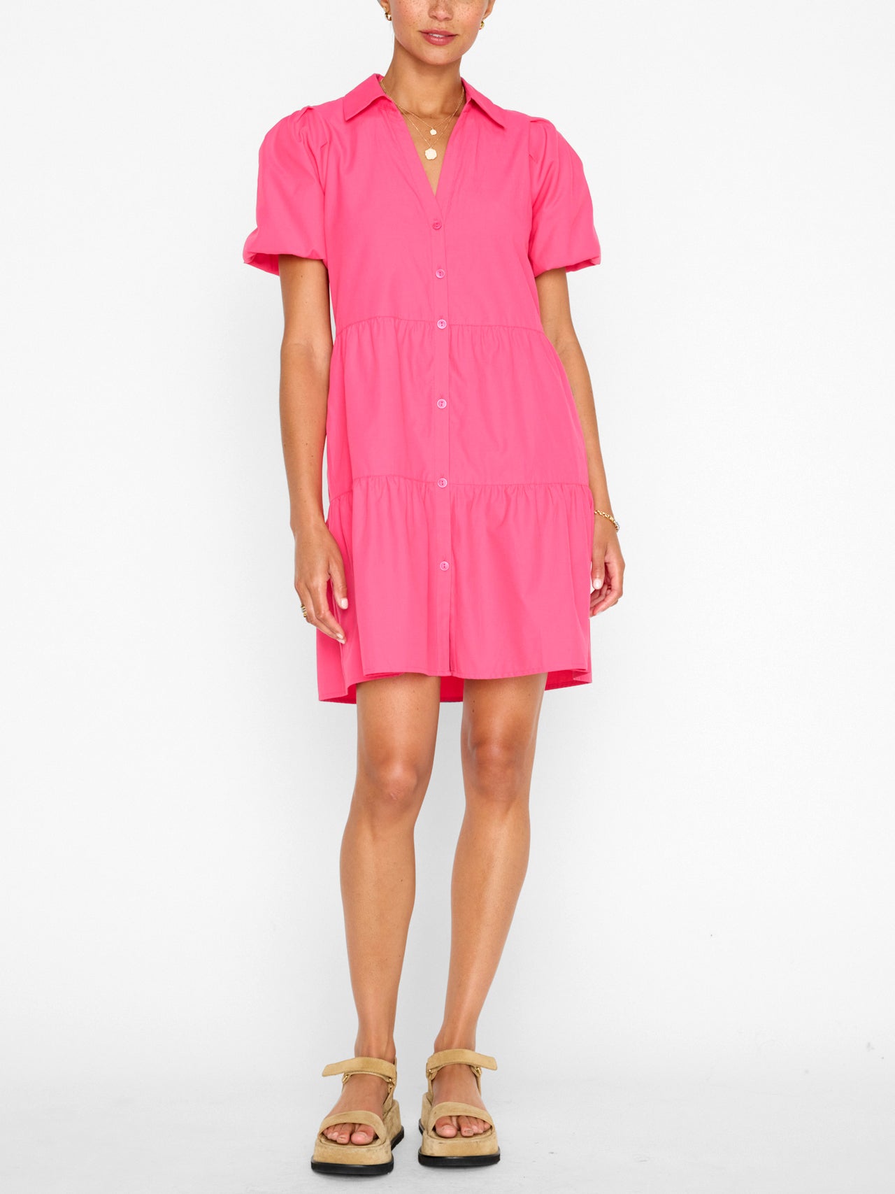Hot pink half sleeve women’s mini dress.
