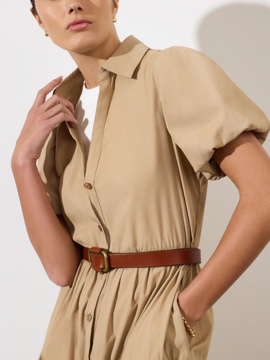 tan short sleeve dress Donna Karan Women's Short Sleeve Midi Shirt Dress in Fawn/ Black Beige, Size 10