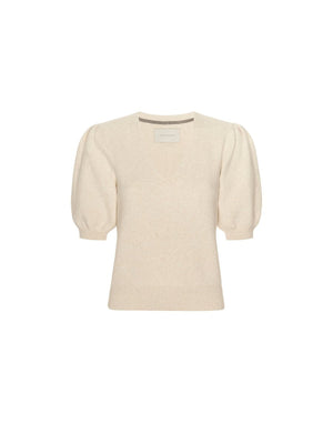 V neck sweater for women in ivory with puff sleeves and ribbed detailing at the hem and cuffs.