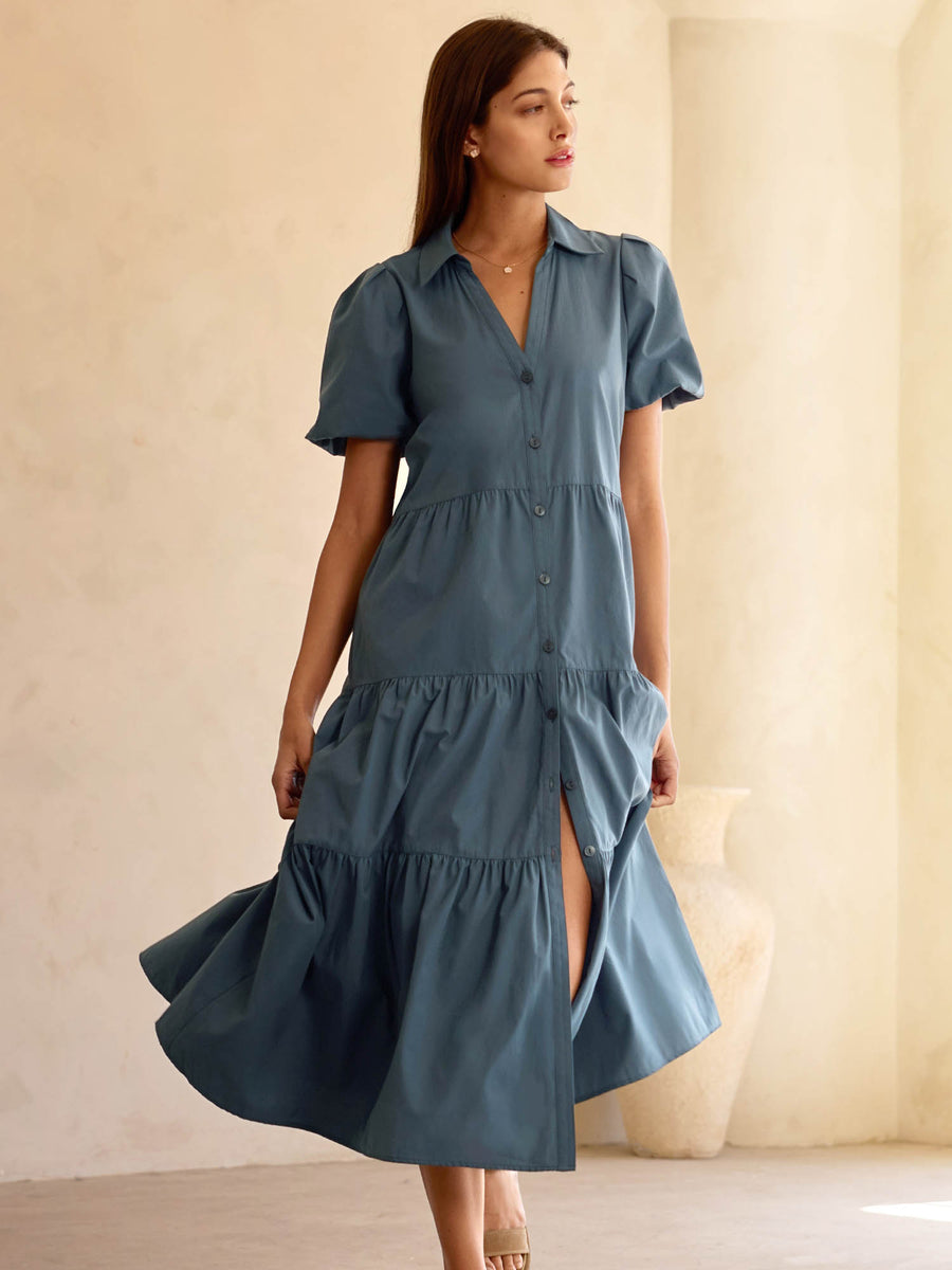 Havana tiered midi dress blue gray front view