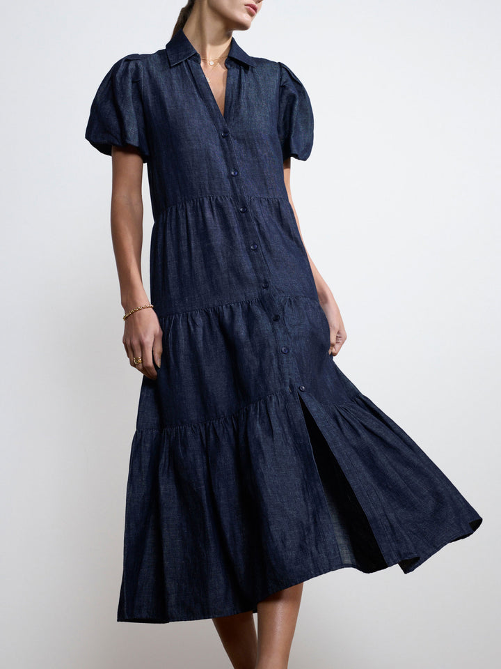 Havana tiered midi dress indigo front view