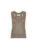 Classy sleeveless top in a semi-sheer taupe open-knit weave with a scoop neckline and ribbed hem shown as a flat lay.