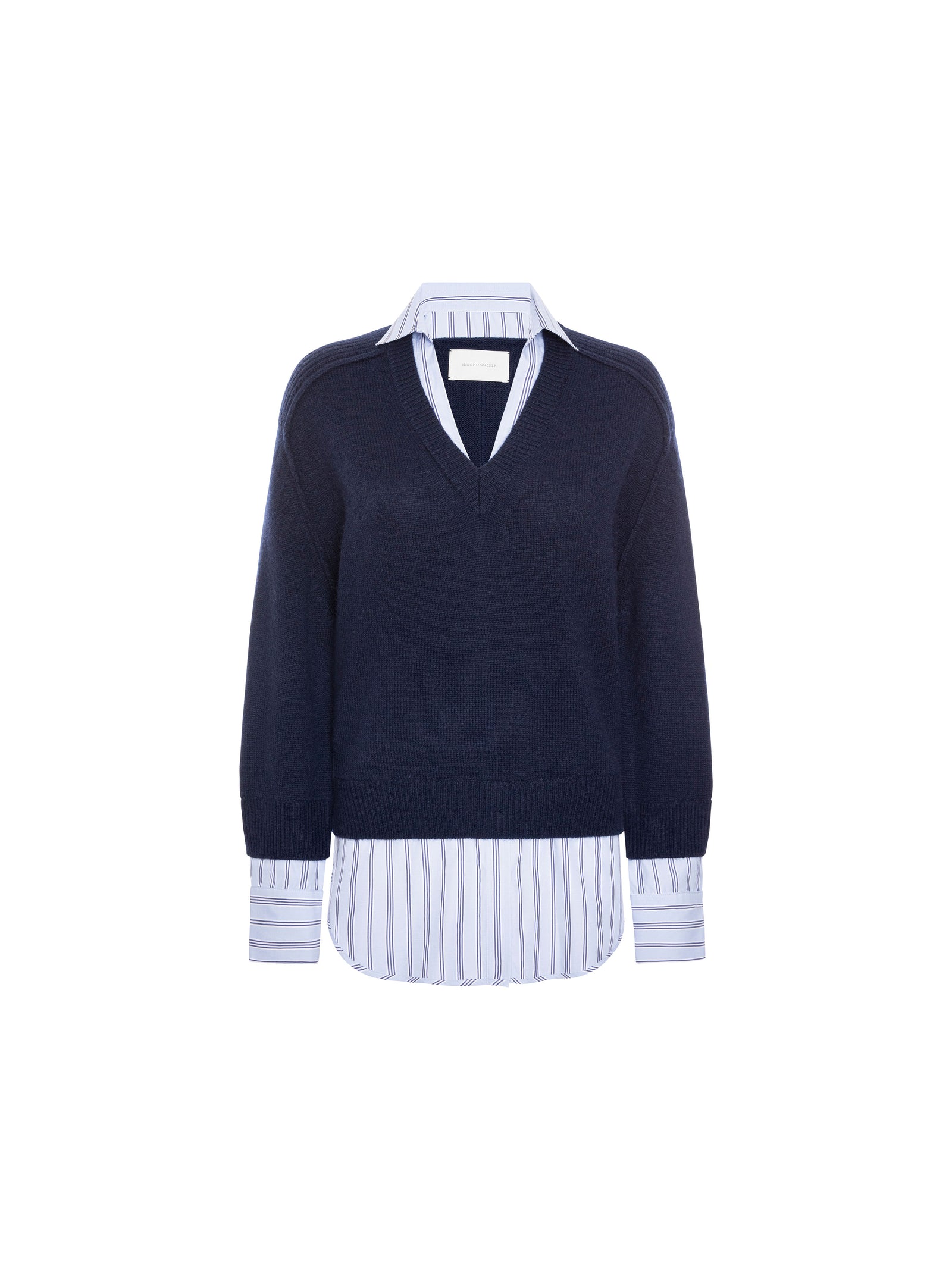 Navy V-neck sweater layered over a blue and white striped button-down shirt, product shot on white background