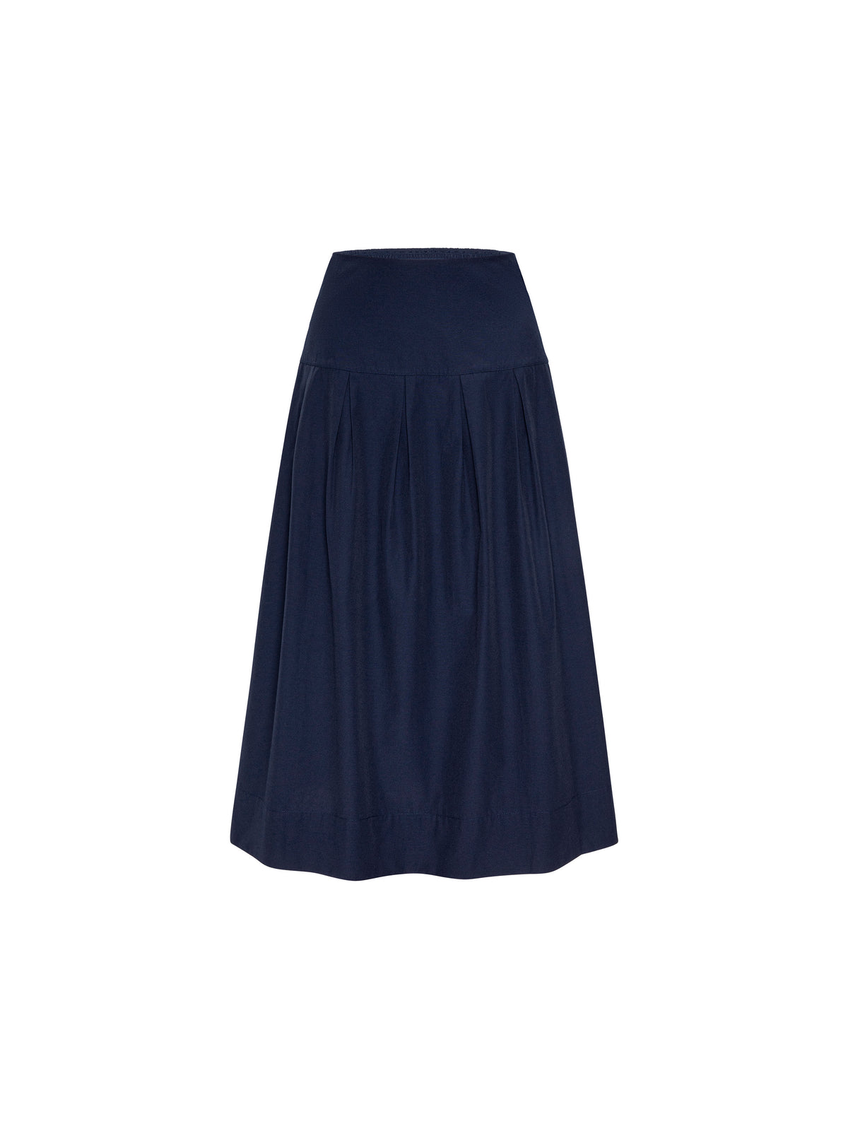 Navy pleated midi skirt with an elasticized waist on a plain background
