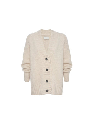 Long sleeve womens cardigan in haze melange knit with deep V neckline front buttons and ribbed cuffs