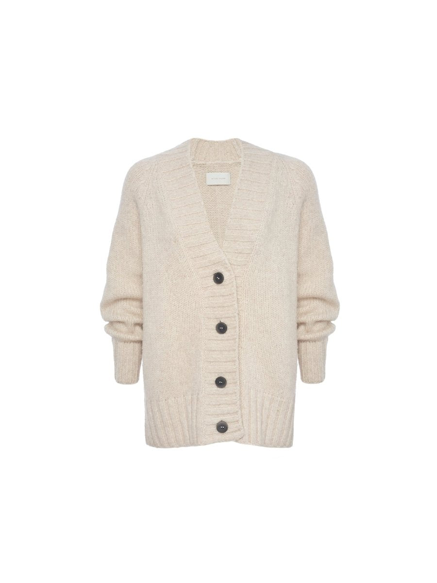Long sleeve womens cardigan in haze melange knit with deep V neckline front buttons and ribbed cuffs