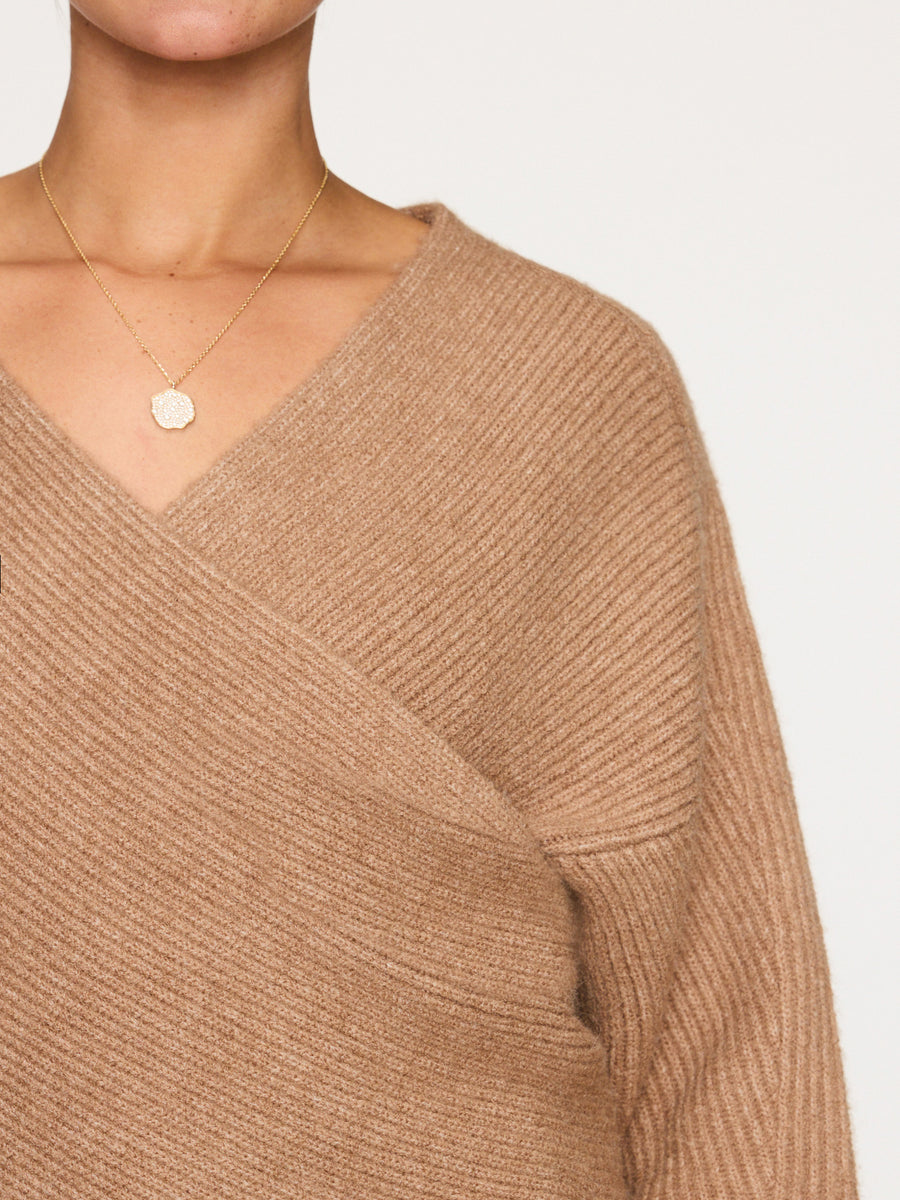 Hughes tan crossover wrap front sweater close up