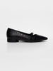 Side profile of a black croc-embossed Mary Jane flat with a pointed toe and low heel
