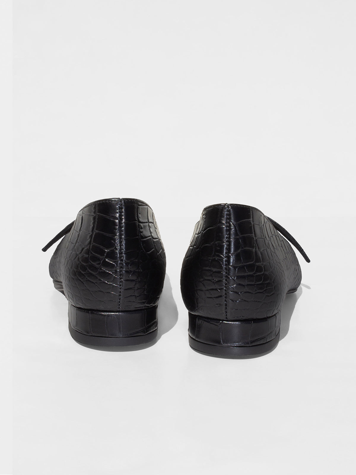 Back view of black croc-embossed Mary Jane flats showing the low stacked heel