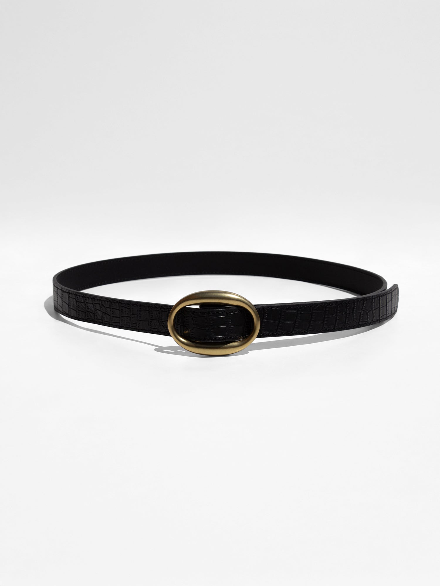 Black croc-embossed leather belt with a large oval antique gold buckle