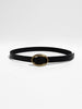 Black croc-embossed leather belt with a large oval antique gold buckle