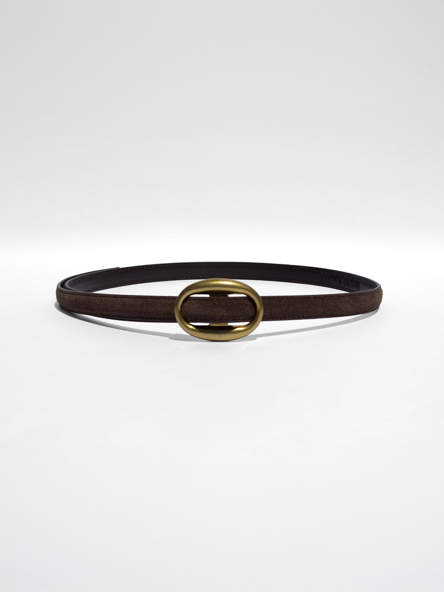 Dark brown suede belt with a polished gold oval buckle