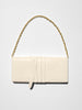 Ivory croc-embossed leather clutch bag with a gold chain shoulder strap and buckle detail
