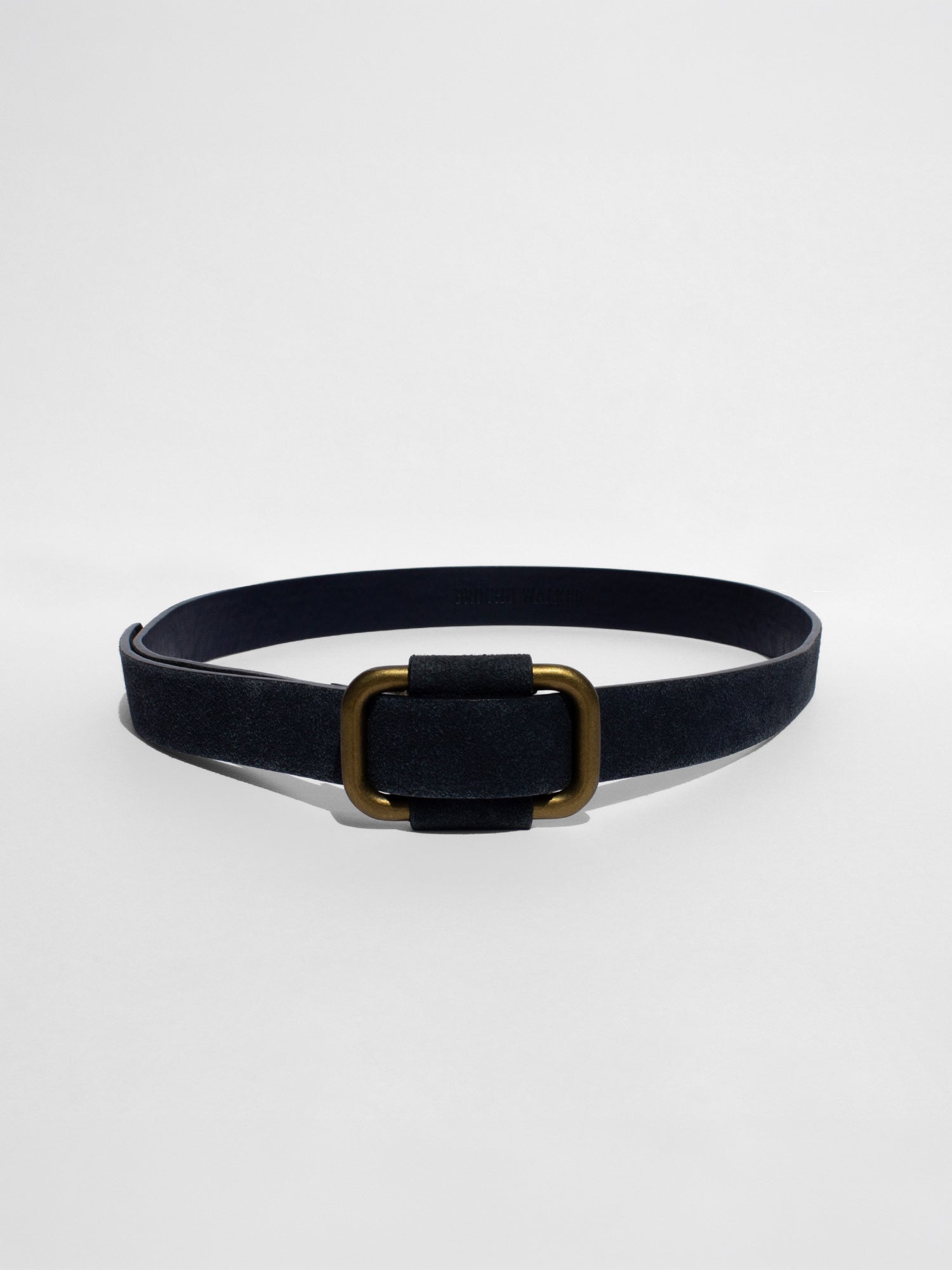 Black suede belt with a square brass buckle