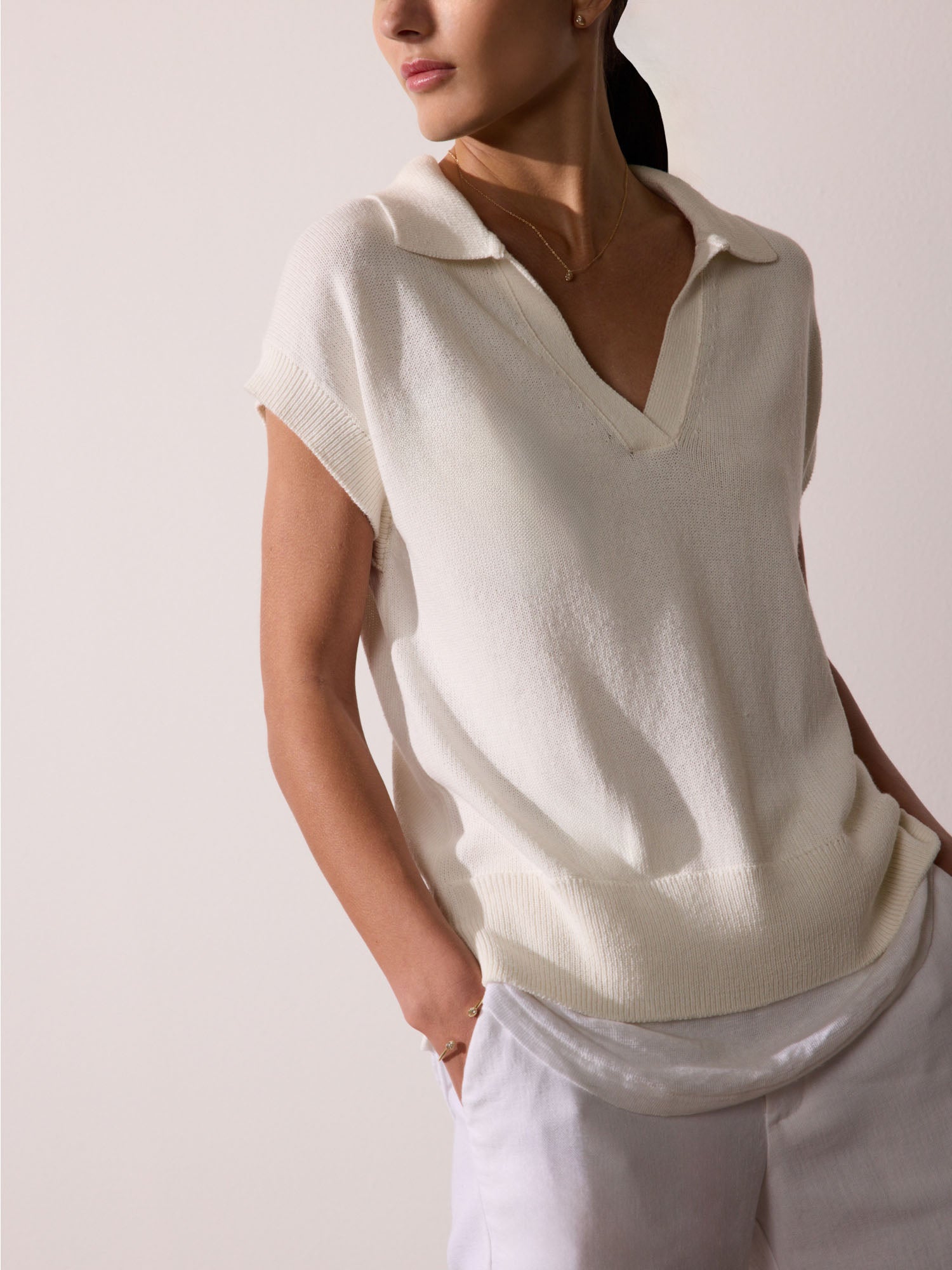 Jaia layered polo short sleeve white sweater front view 