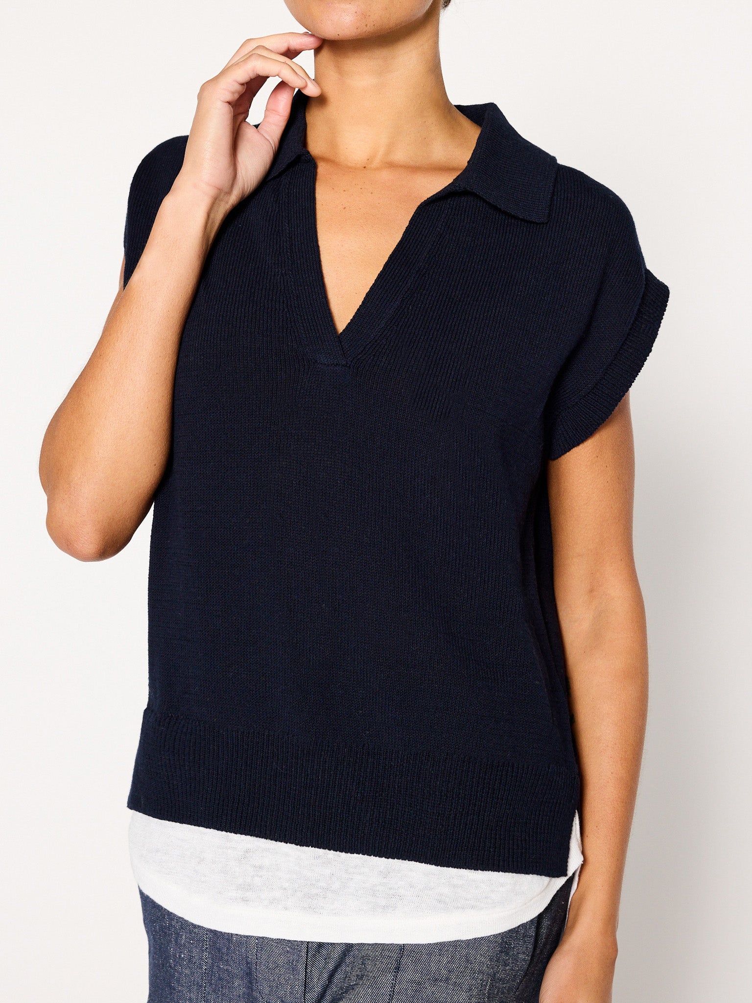 Jaia layered navy polo shortsleeve sweater front view 2