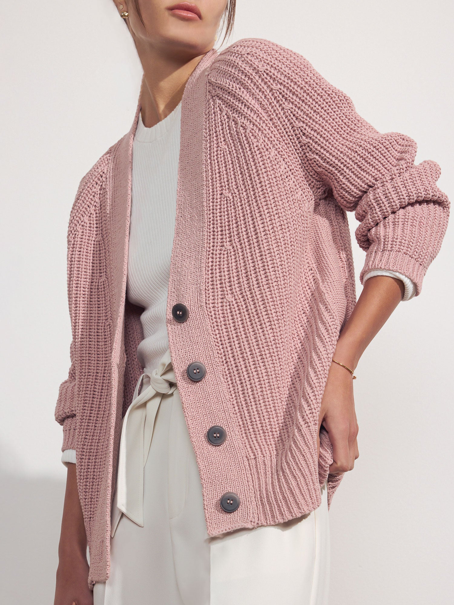 Jen linen cotton pink cardigan sweater front view