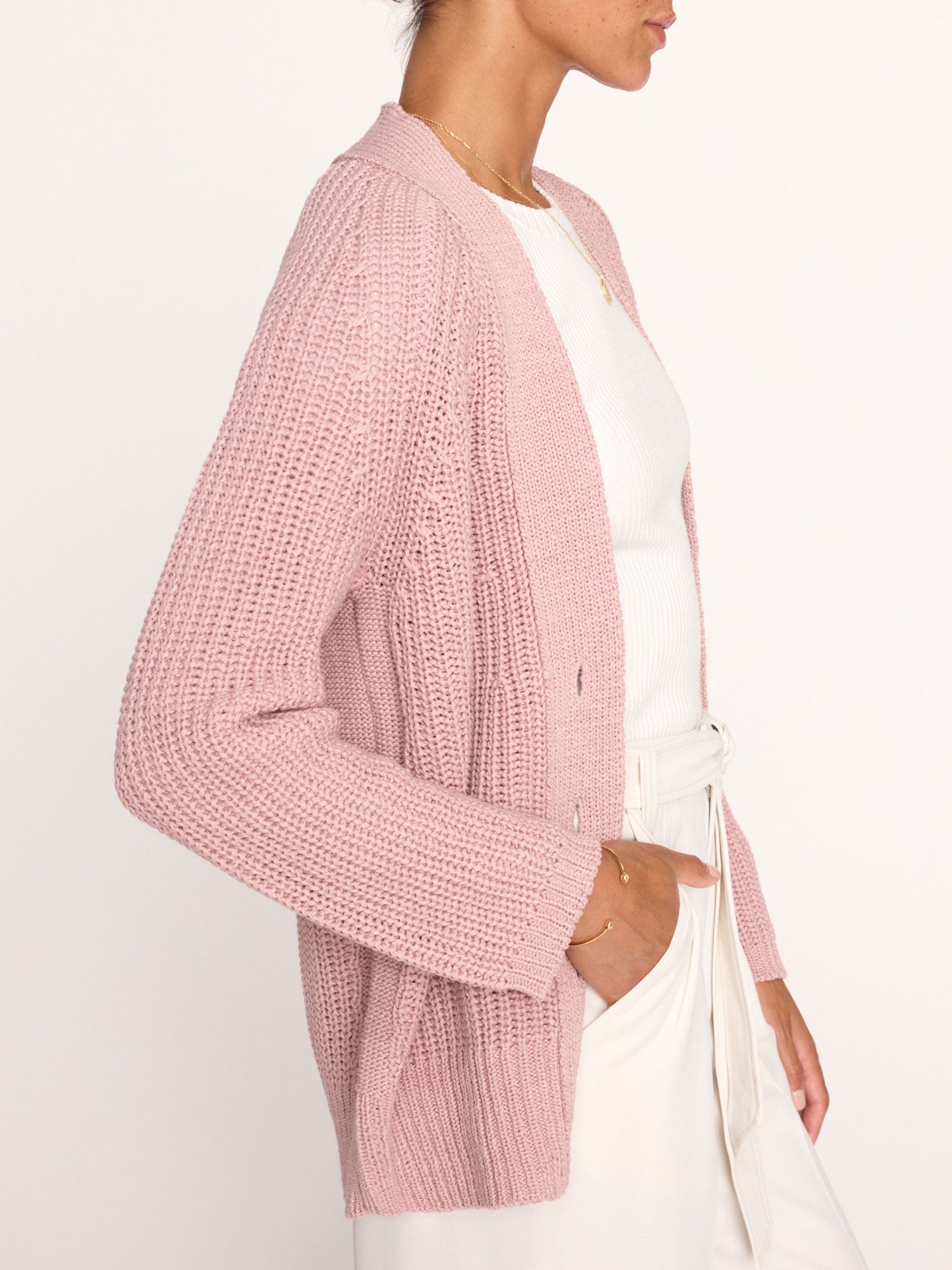 Jen linen cotton pink cardigan sweater side view 
