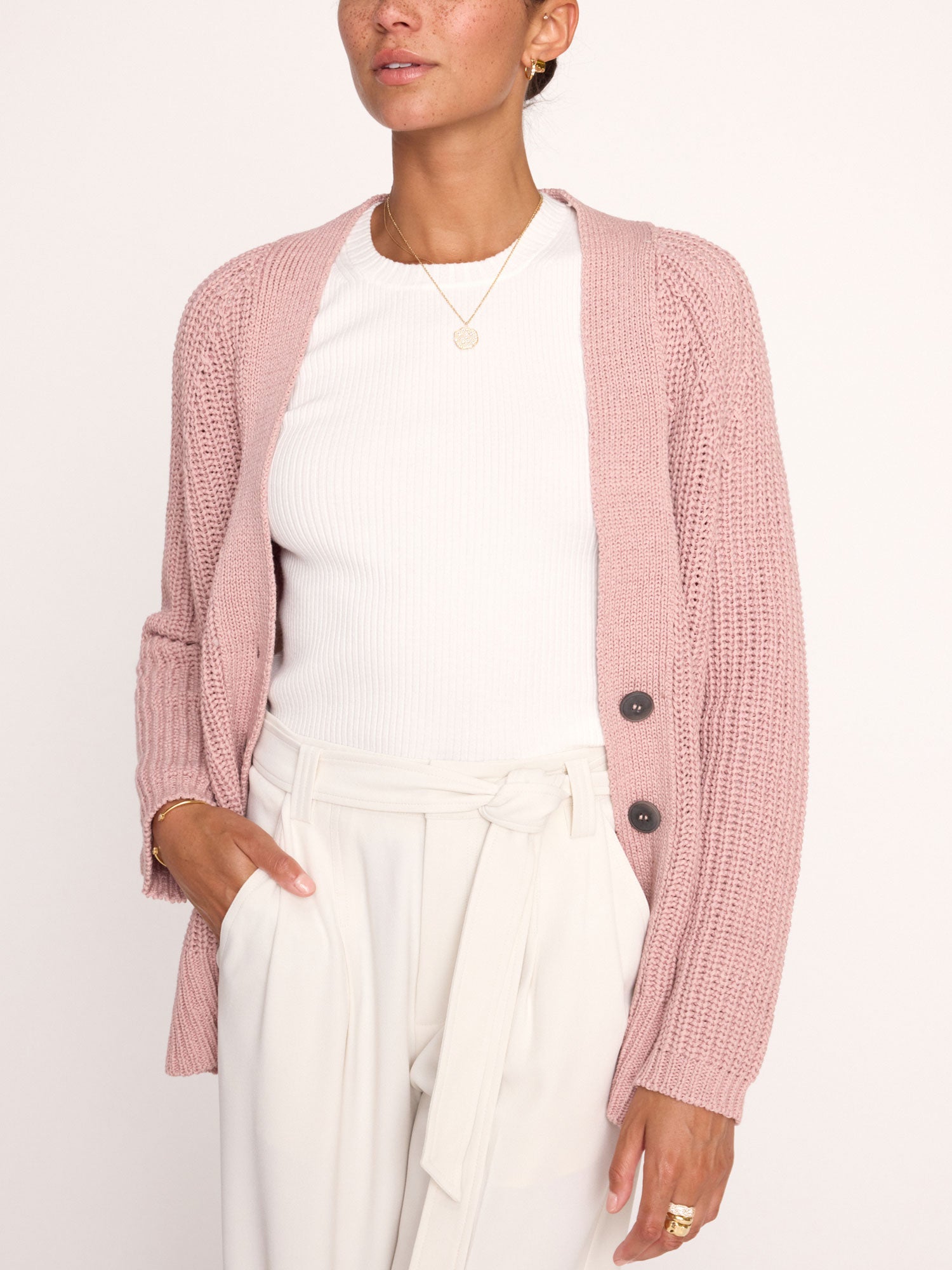 Jen linen cotton pink cardigan sweater front view 4