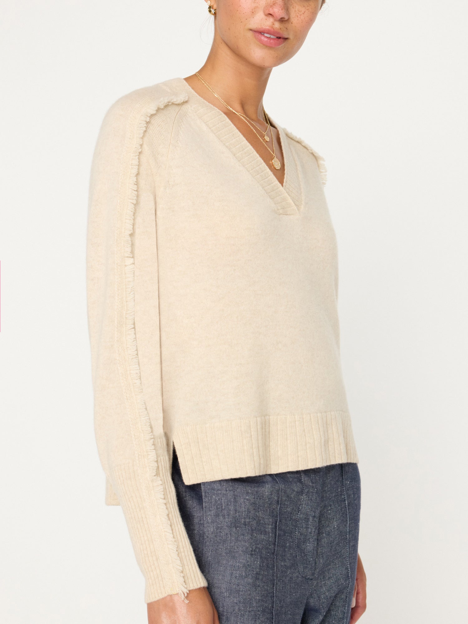 Jolie beige fringe trim v-neck sweater side view