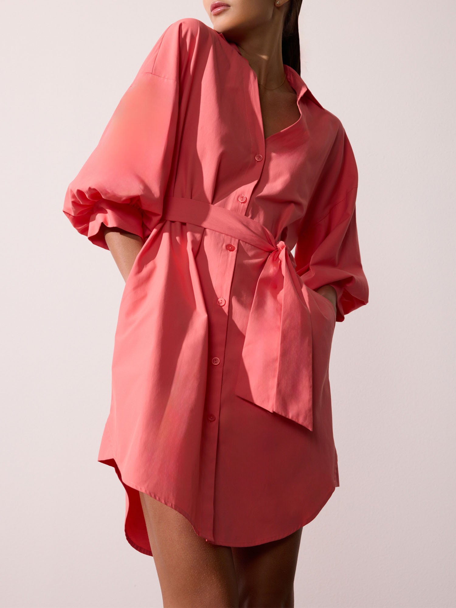 Kate belted button up mini shirtdress pink front view