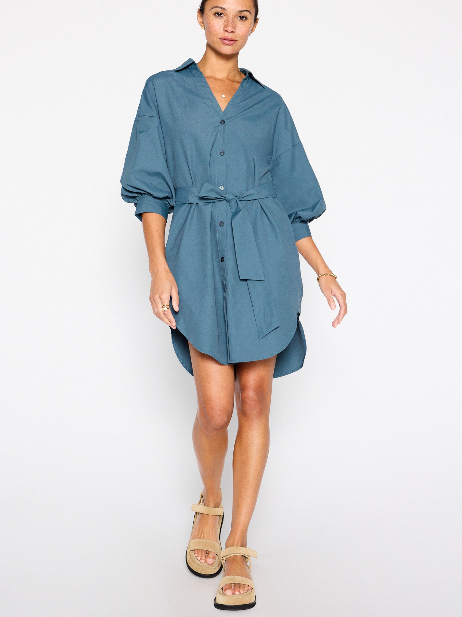 Kate belted button up mini dress blue gray front view 3