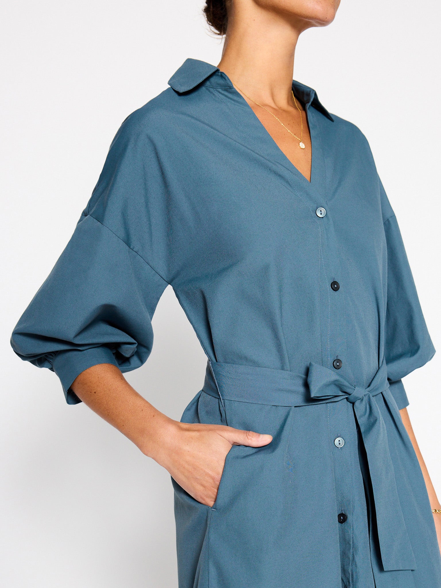 Kate belted button up mini dress blue gray close up