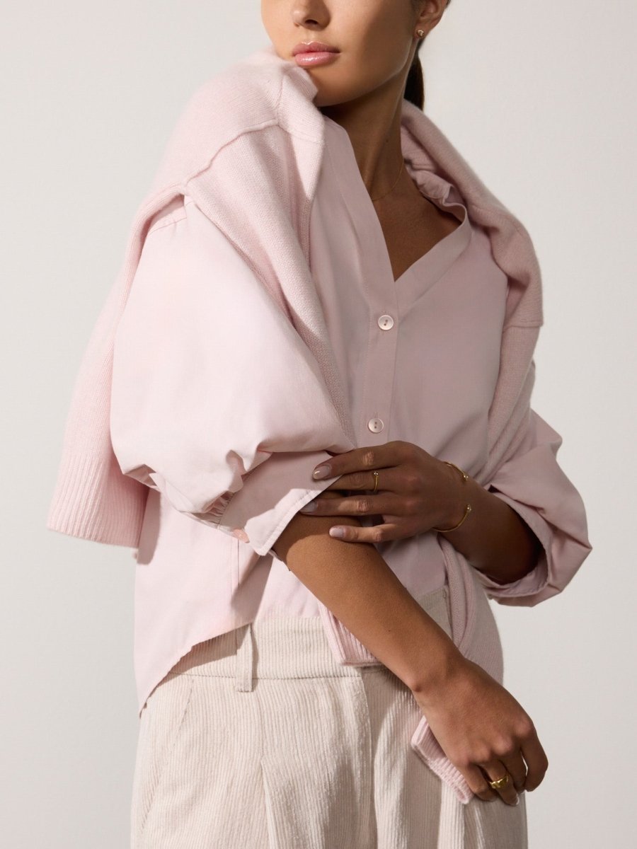 Kate V-neck button up pink shirt front view 2