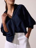 Kate V-neck button up navy shirt front view
