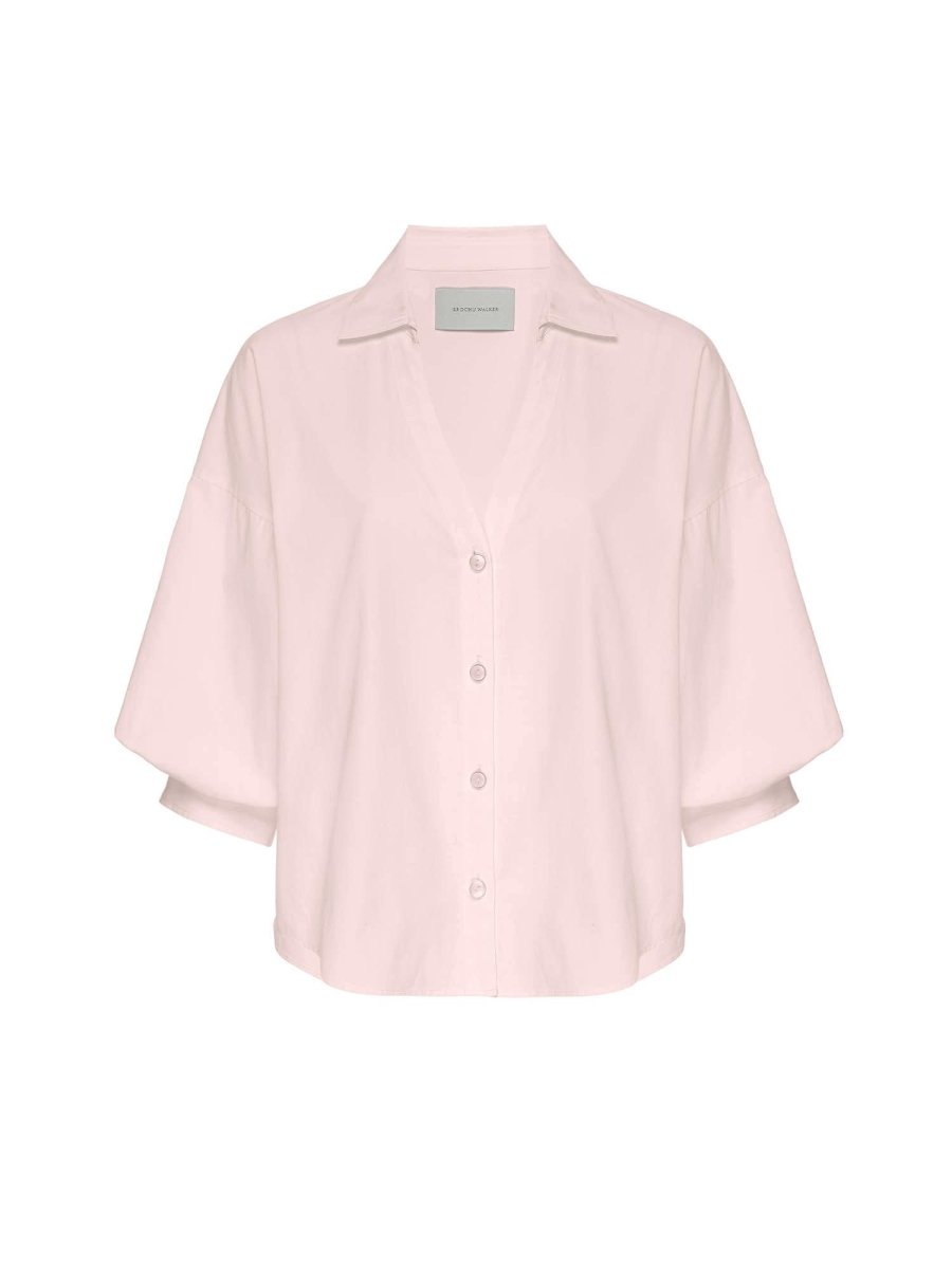 Kate V-neck button up pink shirt flat view
