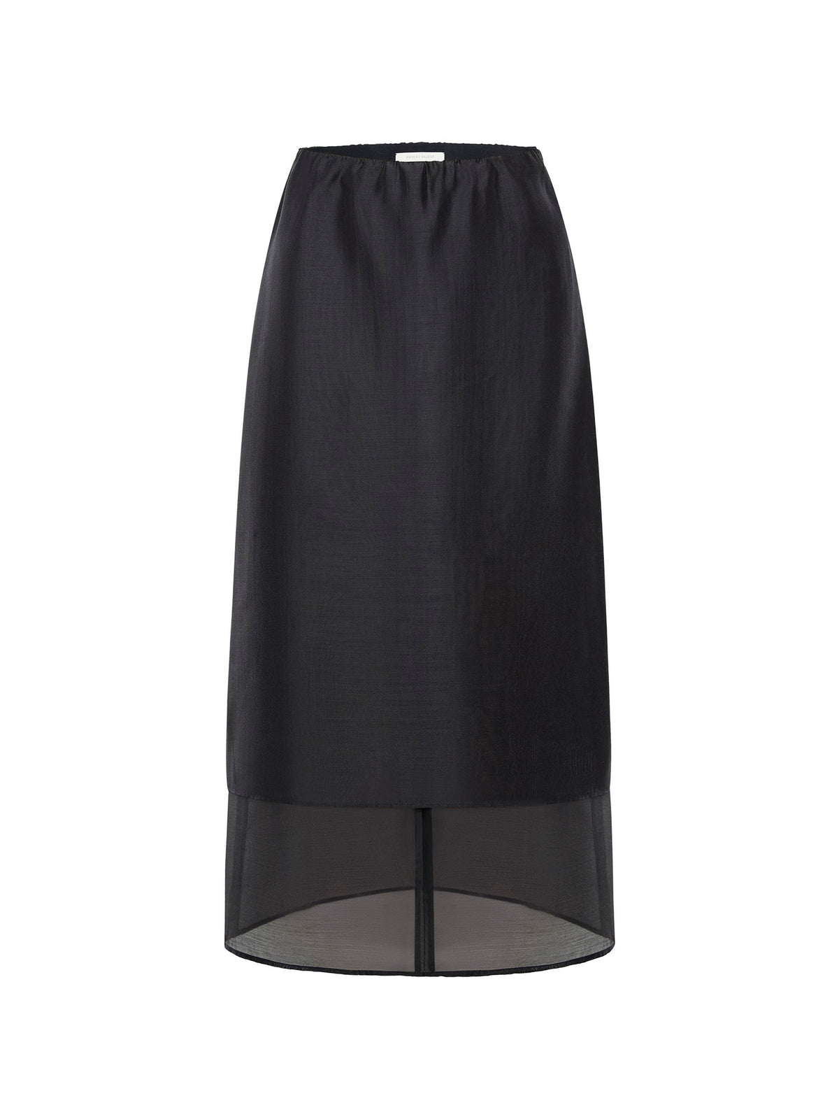 Front view of a woman wearing a women's black midi skirt with a sheer overlay hem, brown knit top and pointed-toe heels